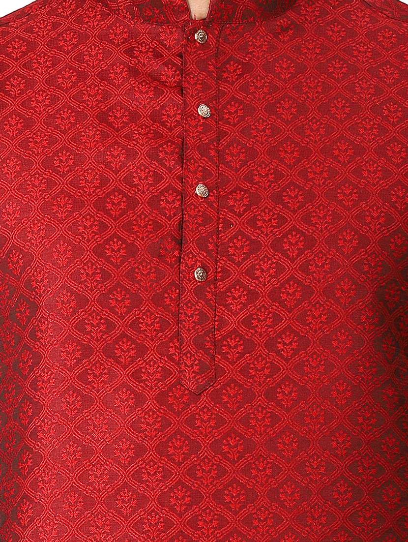 maroon jacquard kurta pyjama set - 17854159 - Standard Image - 3