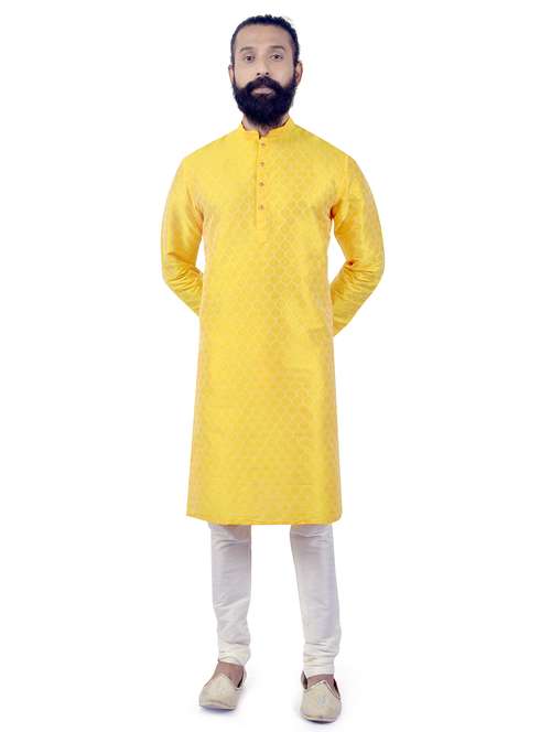 yellow jacquard kurta pyjama set - 17854161 - Standard Image - 0