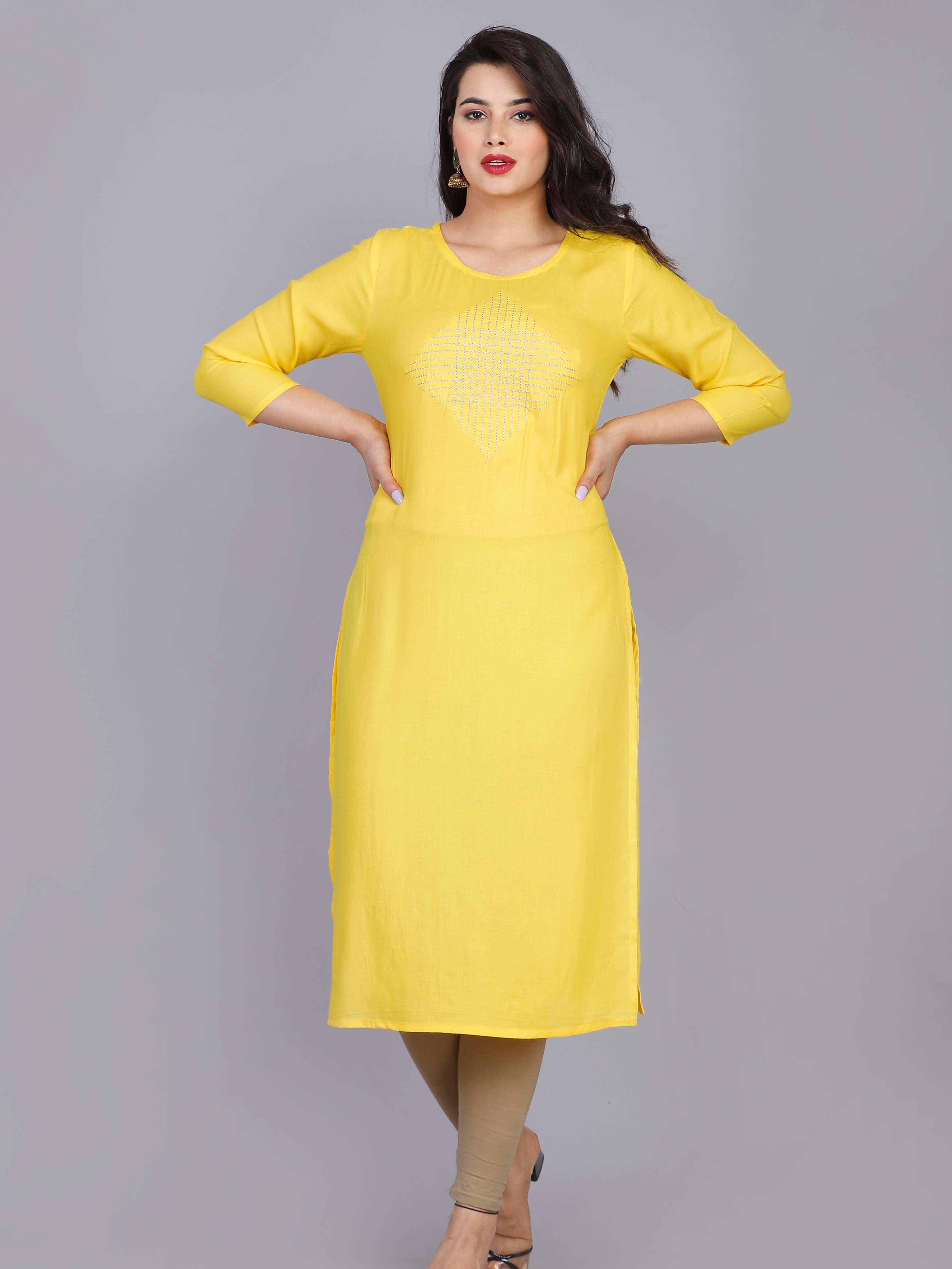 yellow rayon straight kurta - 17856423 - Zoom Image - 0
