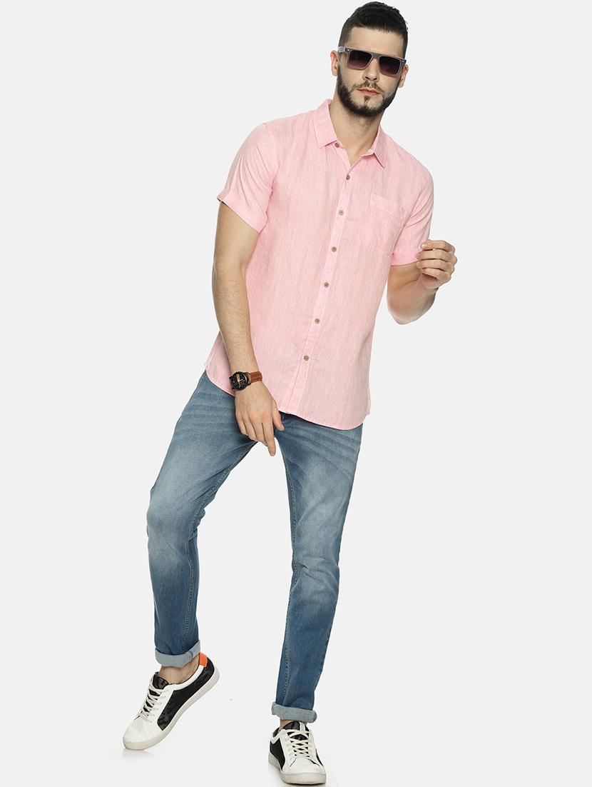 pink solid linen casual shirt - 17859253 - Standard Image - 3