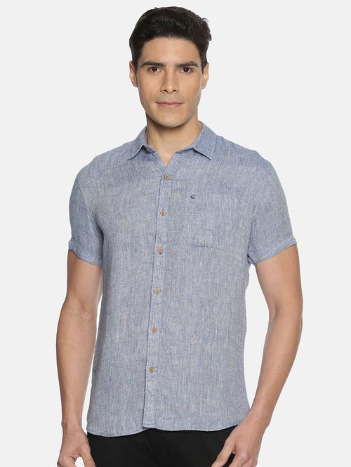 dark blue solid linen casual shirt - 17859259 - Standard Image - 0