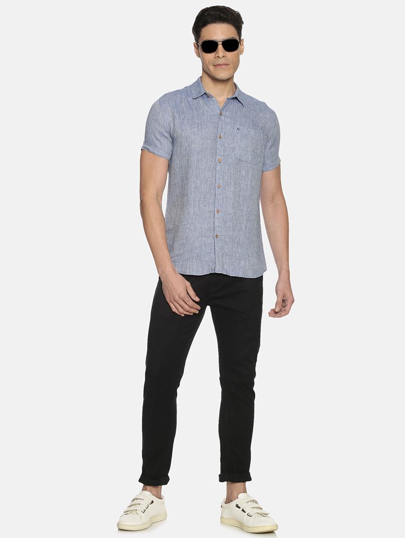 dark blue solid linen casual shirt - 17859259 - Standard Image - 3