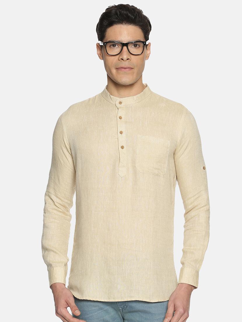 beige solid linen short kurta - 17860050 -  Zoom Image - 0