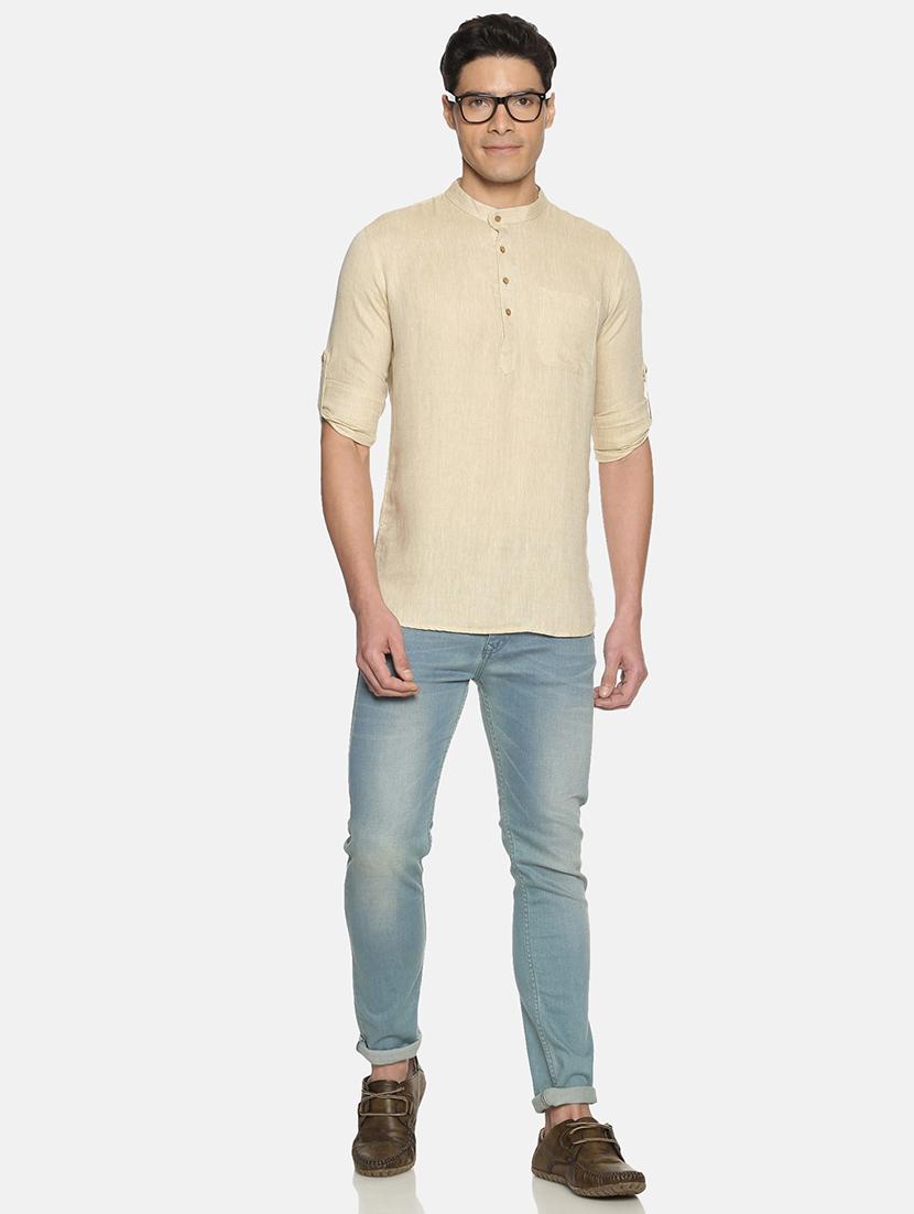 beige solid linen short kurta - 17860050 - Standard Image - 3