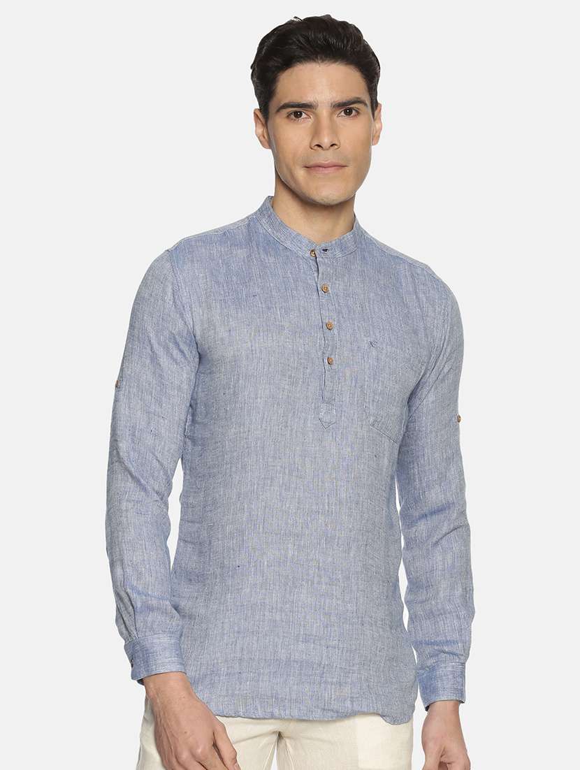 blue solid linen short kurta - 17860051 -  Zoom Image - 0