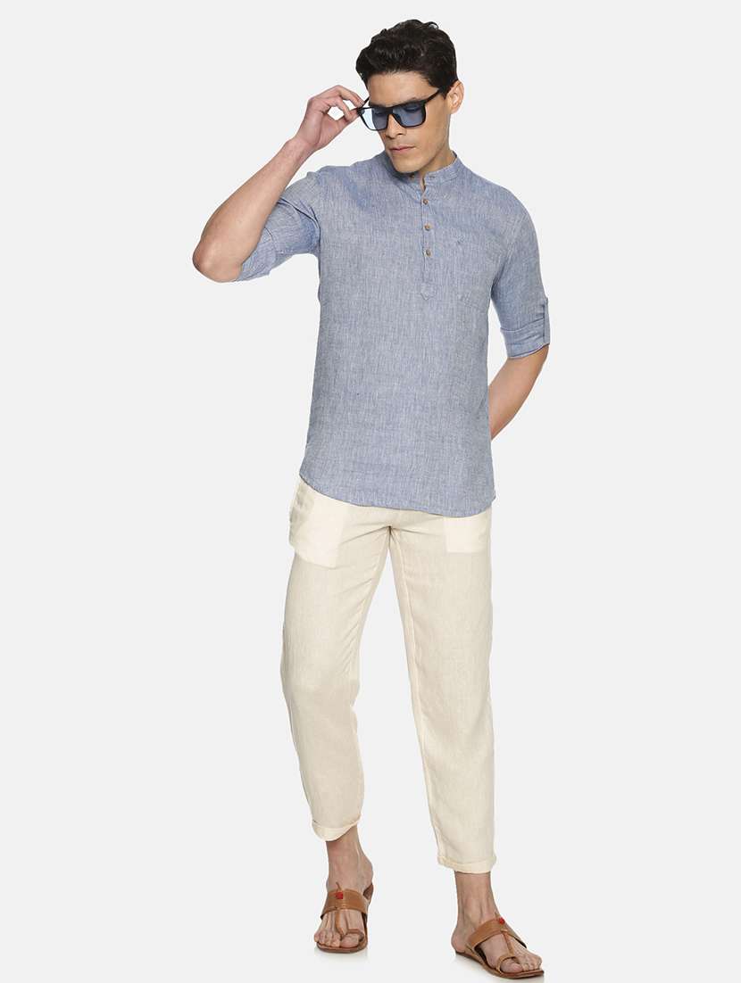 blue solid linen short kurta - 17860051 - Standard Image - 3