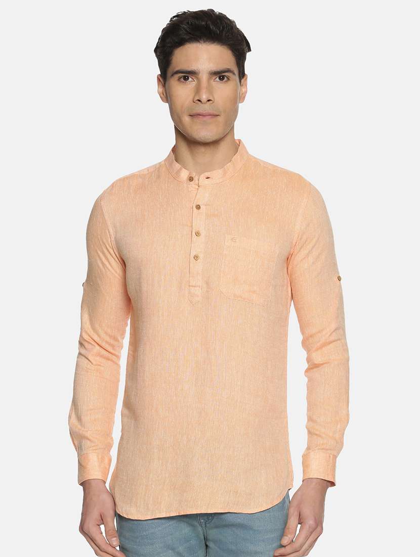 peach solid linen short kurta - 17860052 -  Zoom Image - 0