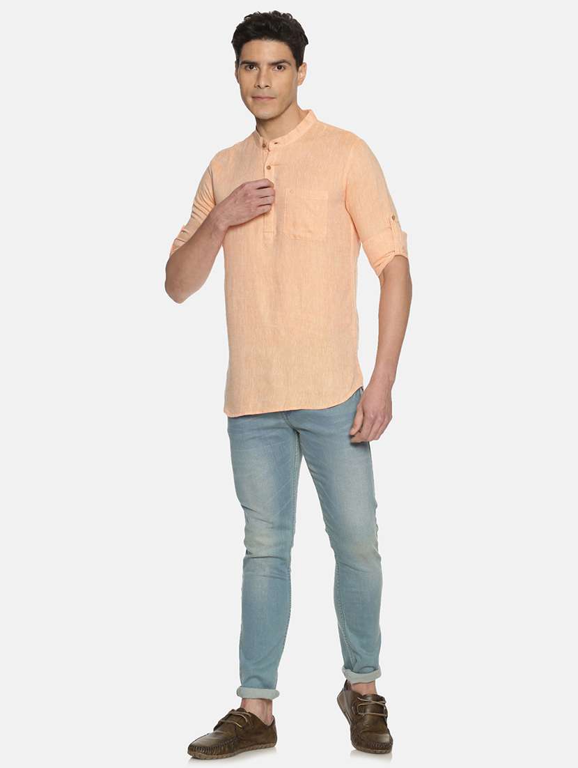 peach solid linen short kurta - 17860052 - Standard Image - 3