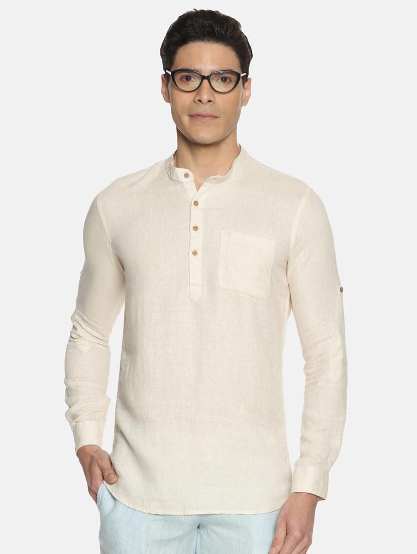cream solid linen short kurta - 17860053 -  Zoom Image - 0