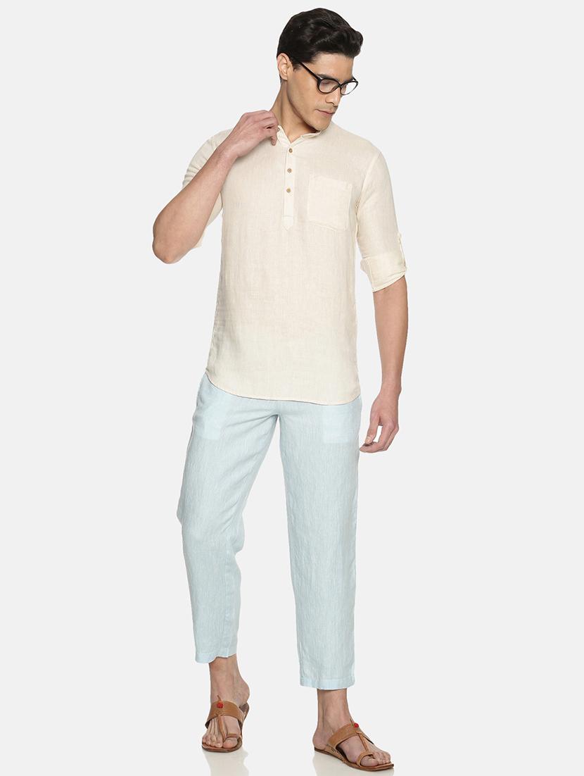cream solid linen short kurta - 17860053 - Standard Image - 3