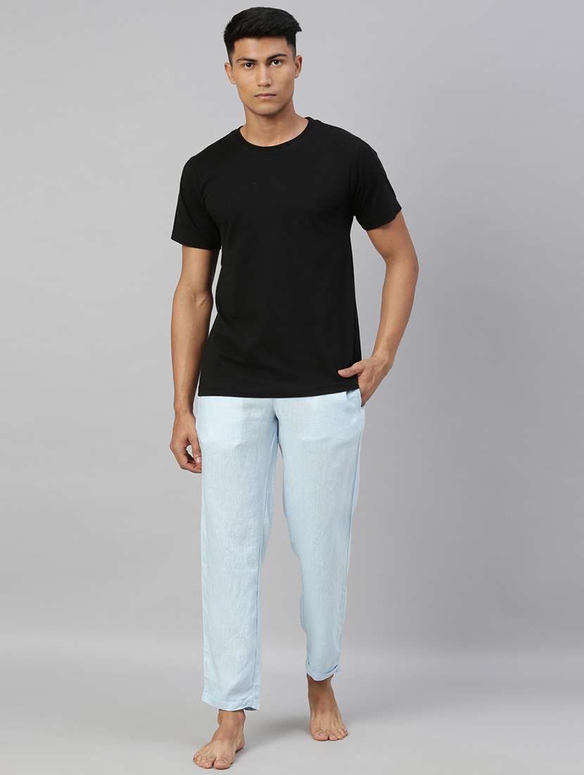 light blue solid linen pyjama - 17860265 - Standard Image - 3