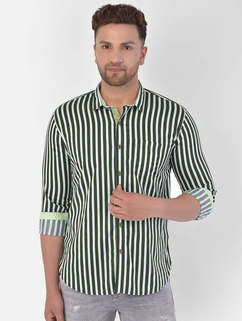 Buy online Olive Green Striped Casual Shirt from shirts for Men by