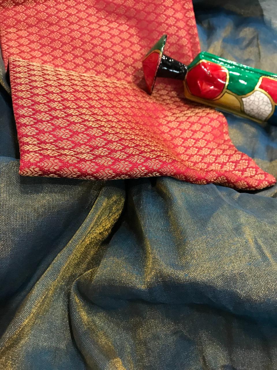 tissue cotton saree with brocade blouse  - 17872963 -  Zoom Image - 0