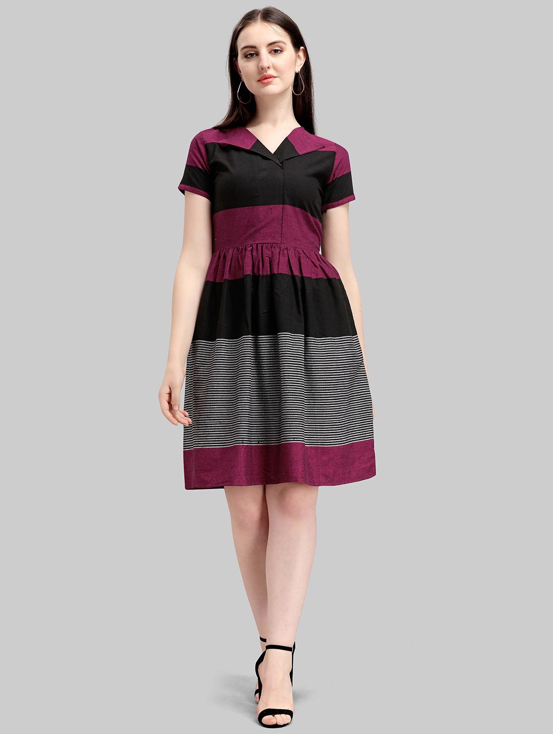 v-neck striped fit & flare dress - 17885622 - Zoom Image - 0