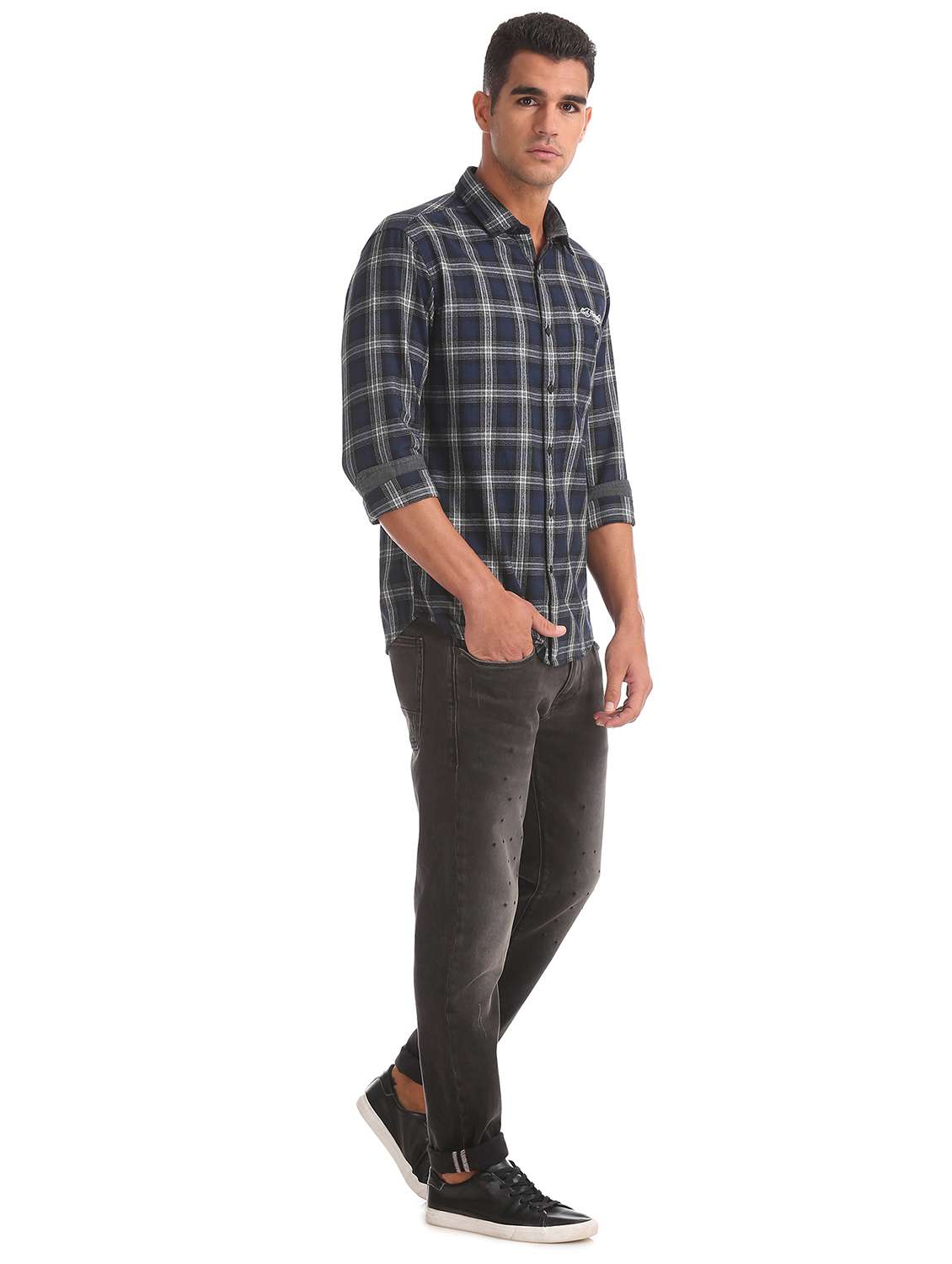 navy blue checkered casual shirt - 17888690 - Standard Image - 3