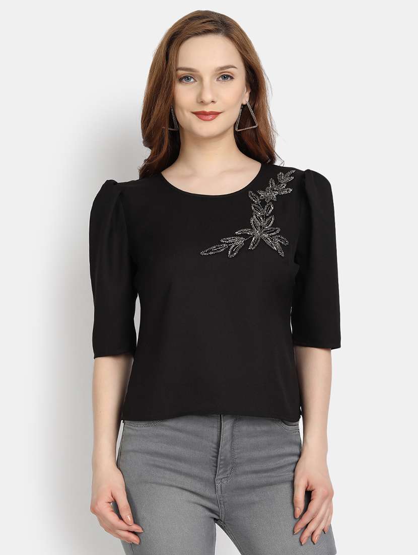 women embellished round neck top