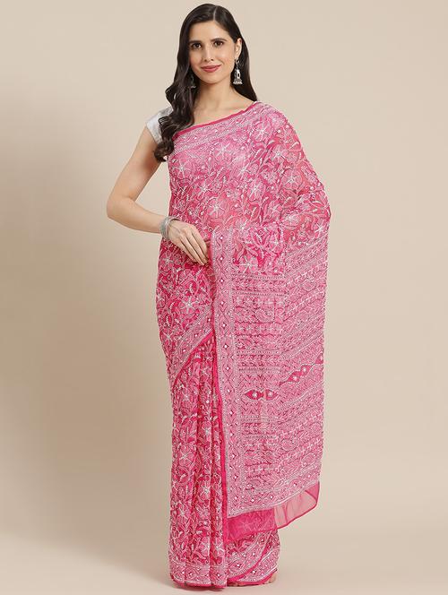 ada hand-embroidered magenta chikankari saree with blouse - 17893685 -  Standard Image - 0