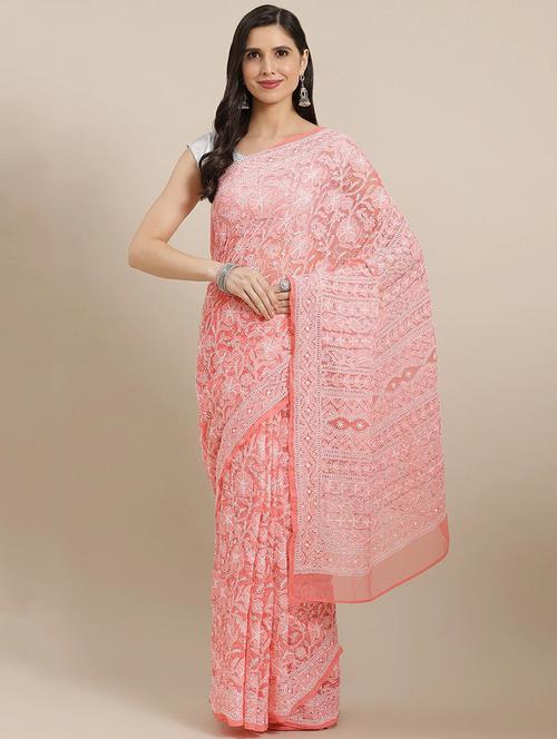 ada hand-embroidered peach chikankari saree with blouse - 17893687 -  Standard Image - 0