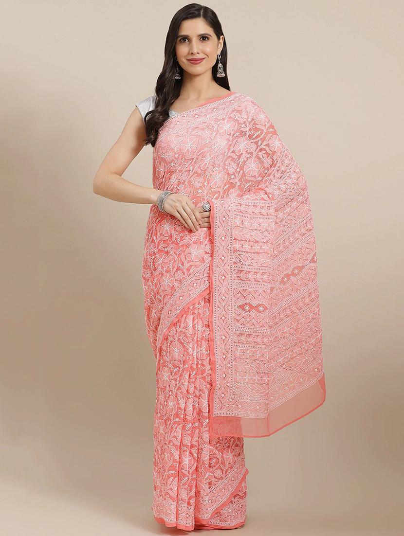 ada hand-embroidered peach chikankari saree with blouse - 17893687 -  Zoom Image - 0
