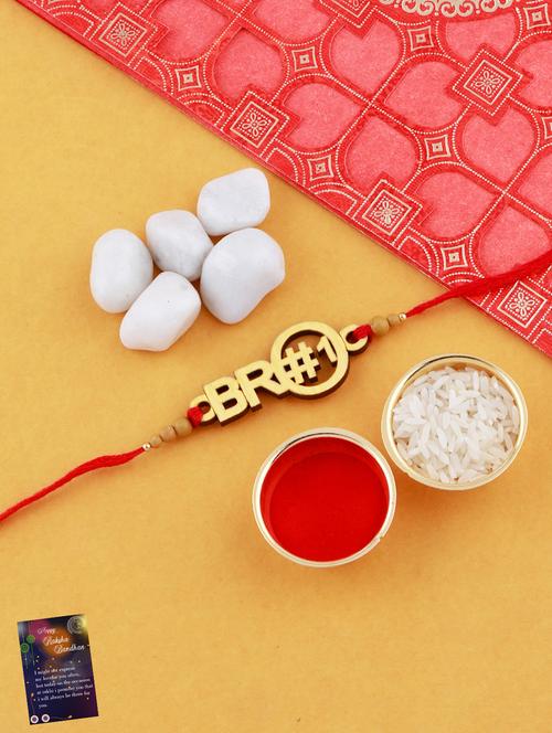 red colored gold plated thread rakhi with roli chawal and greeting card - 17900772 - Standard Image - 0