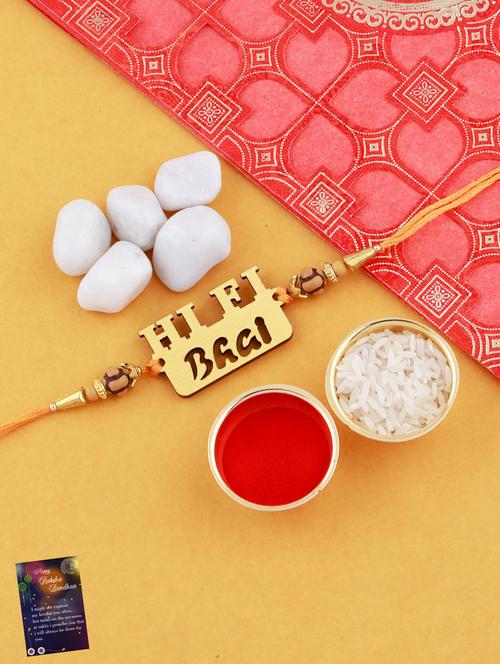 orange colored gold plated thread rakhi with roli chawal and greeting card - 17900774 - Standard Image - 0