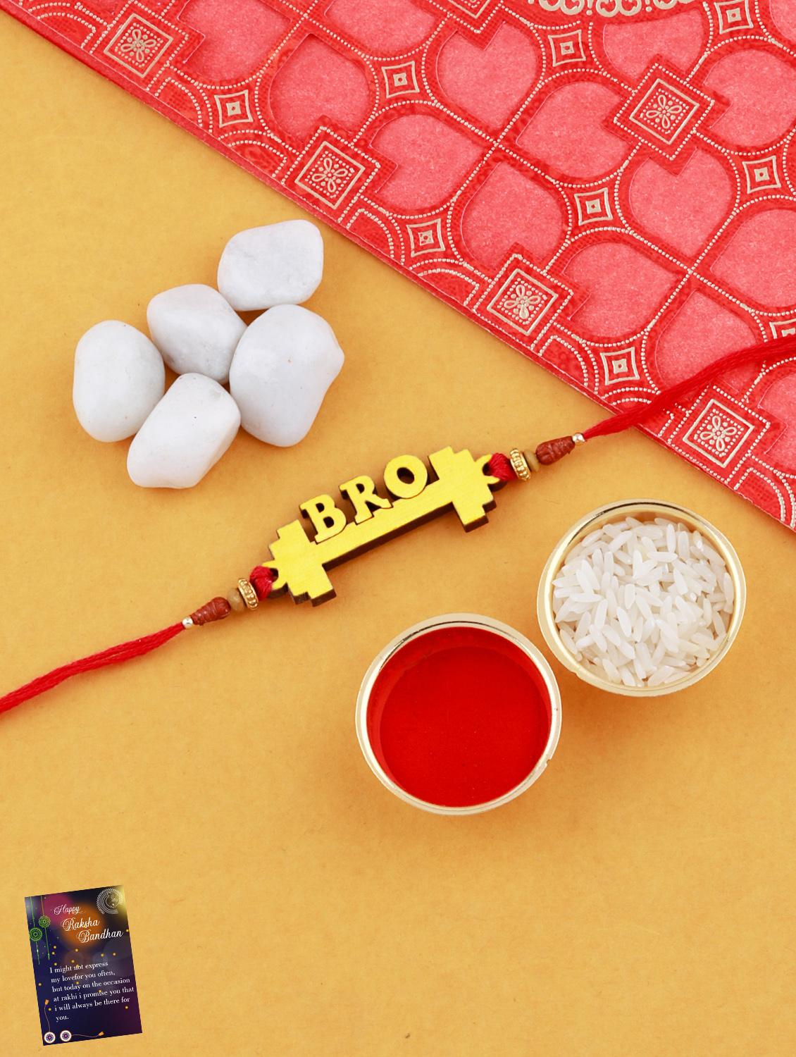 red colored gold plated thread rakhi with roli chawal and greeting card - 17900781 - Zoom Image - 0