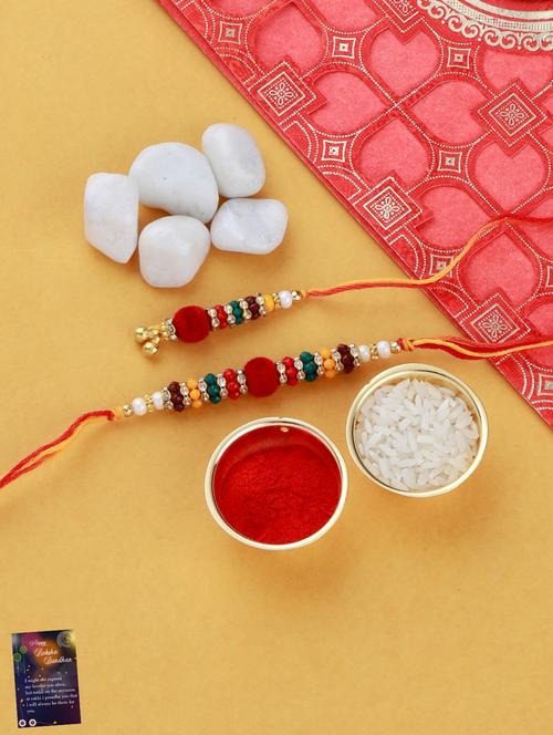 red handcrafted thread rakhi with roli chawal and greeting card - 17900788 - Standard Image - 0