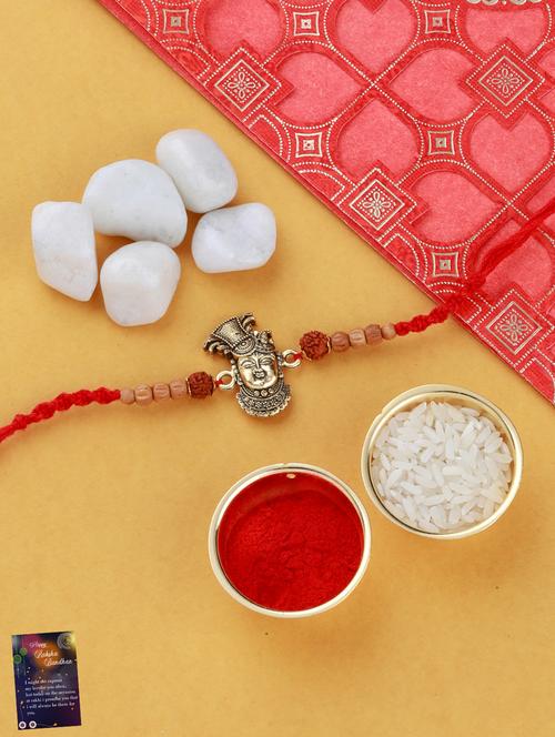 red gold plated thread rakhi with roli chawal and greeting card - 17900790 - Standard Image - 0