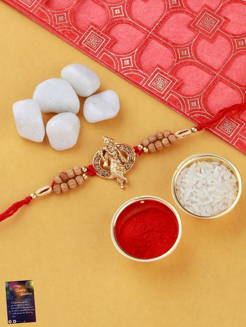 red gold plated thread rakhi with roli chawal and greeting card - 17900795 - Standard Image - 0