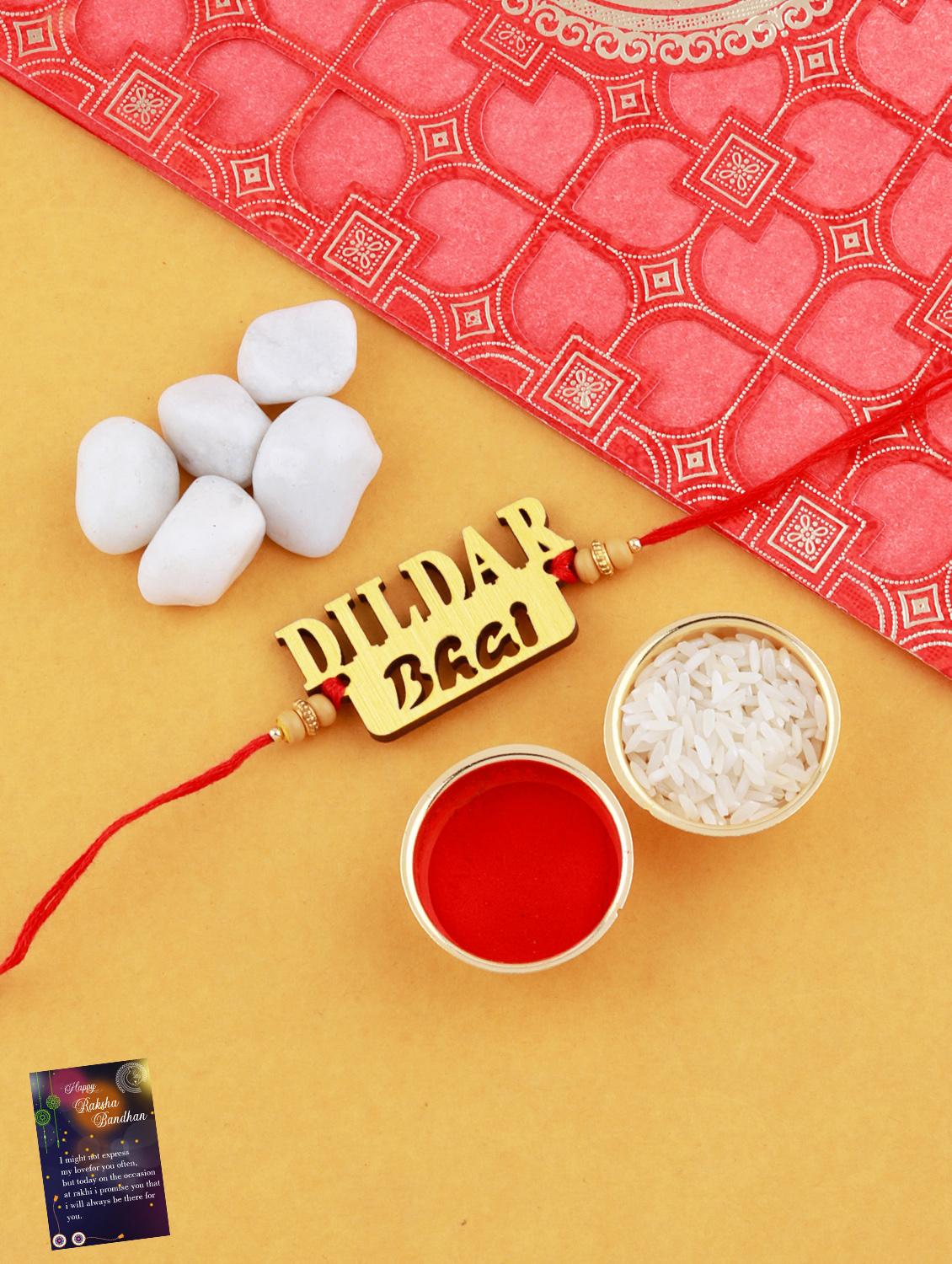 red gold plated thread rakhi with roli chawal and greeting card - 17900797 - Zoom Image - 0
