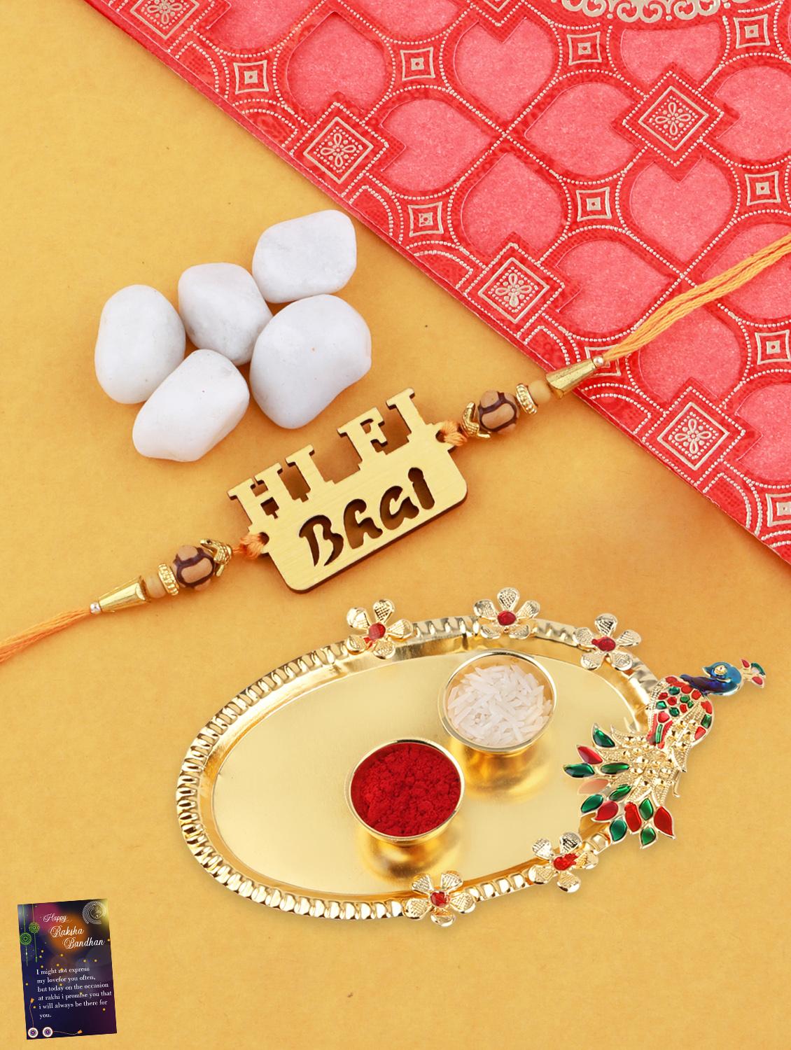 orange gold plated thread rakhi with roli chawal kankawati thali and greeting card - 17900805 - Zoom Image - 0