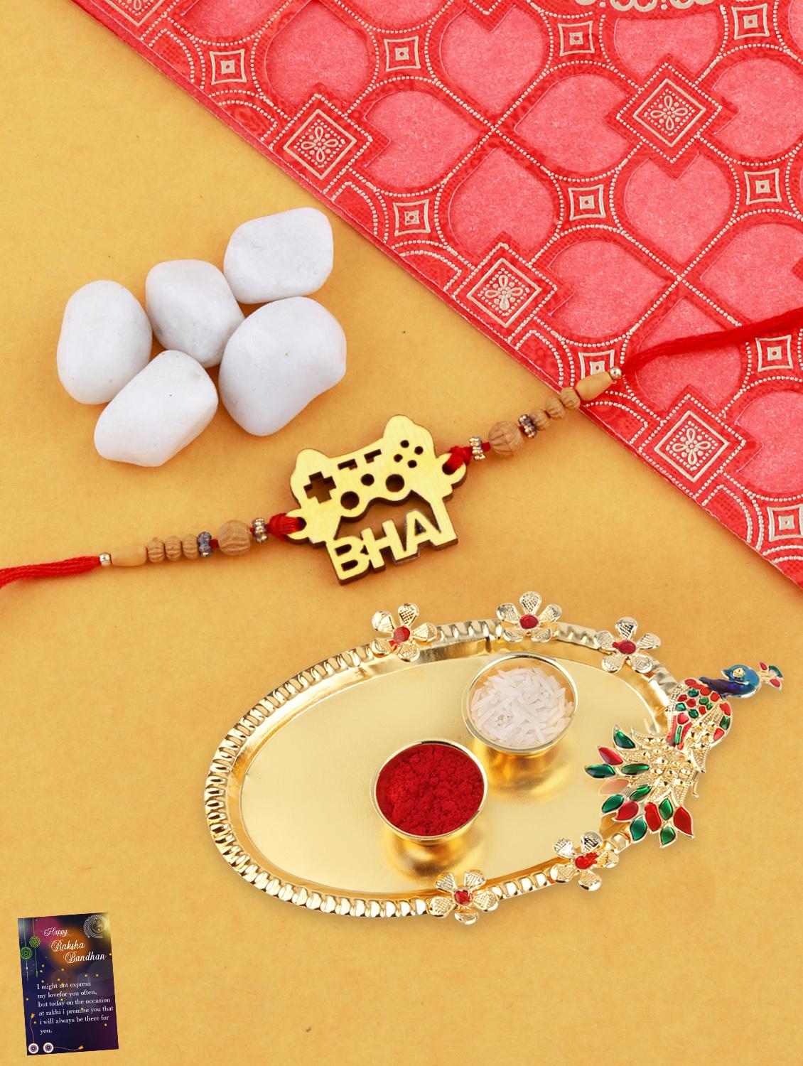 red gold plated thread rakhi with roli chawal kankawati thali and greeting card - 17900807 - Zoom Image - 0