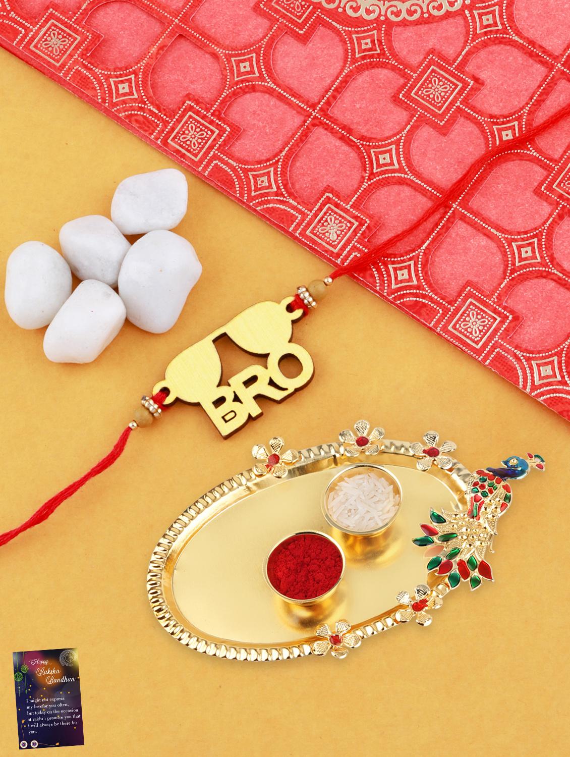 red gold plated thread rakhi with roli chawal kankawati thali and greeting card  - 17900815 -  Zoom Image - 0