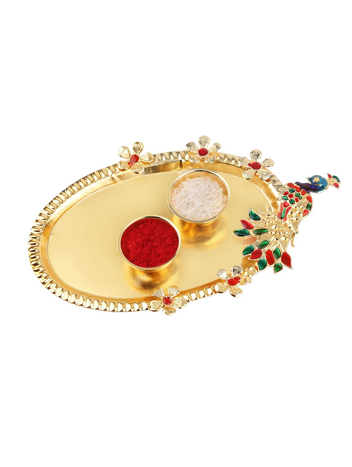 red gold plated thread rakhi with roli chawal kankawati thali and greeting card - 17900815 - Standard Image - 3