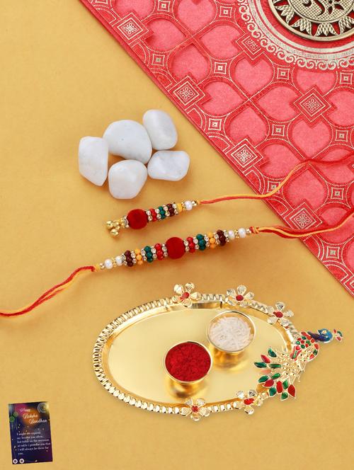 multi colored handcraft thread rakhi with roli chawal kankawati thali and greeting card - 17900820 - Standard Image - 0