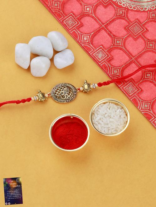 set of 4 gold plated thread rakhi with roli chawal kankawati thali and greeting card - 17900849 - Standard Image - 0