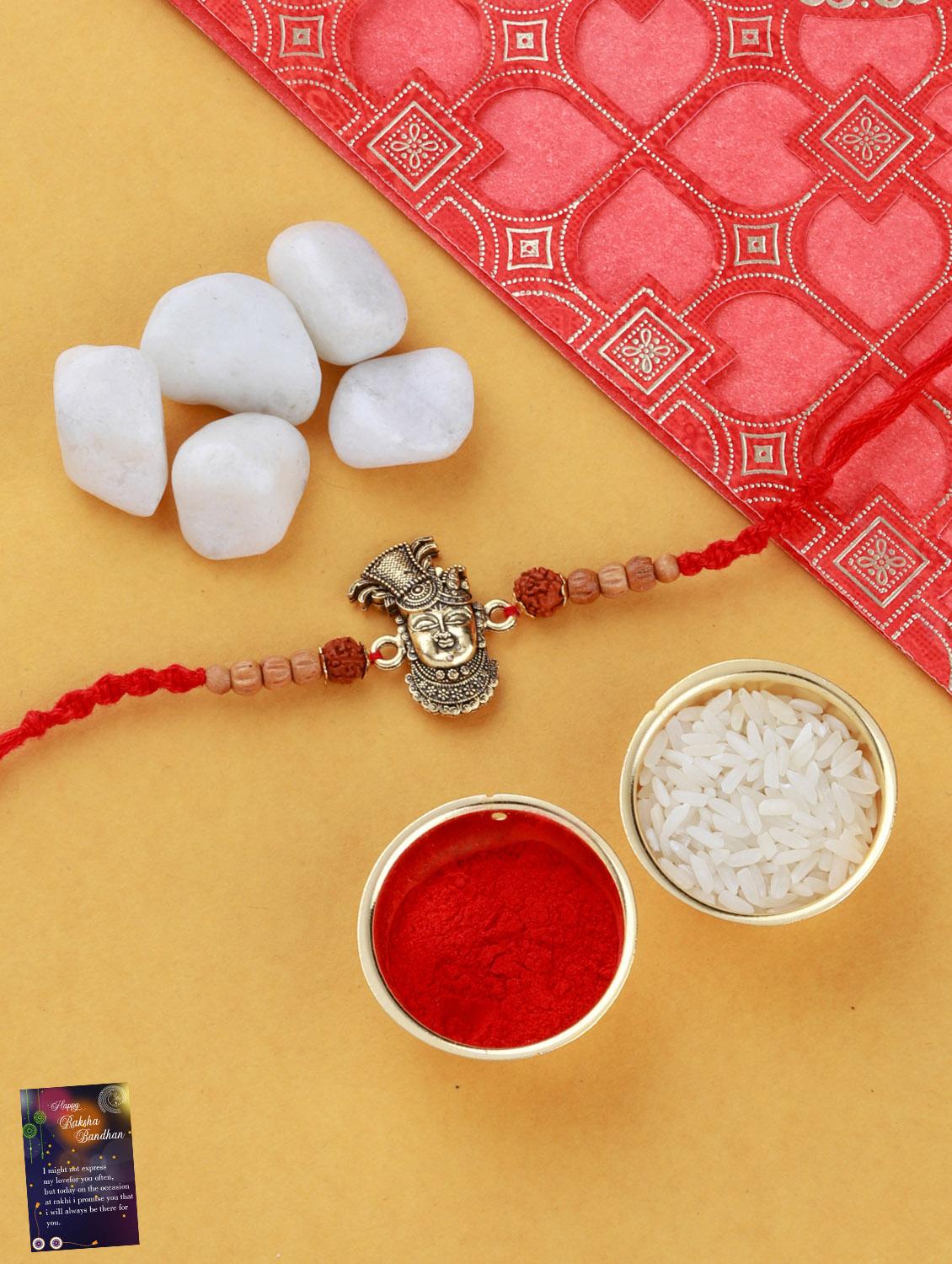set of 3 gold plated thread rakhi with roli chawal kankawati thali and greeting card  - 17900860 -  Zoom Image - 0