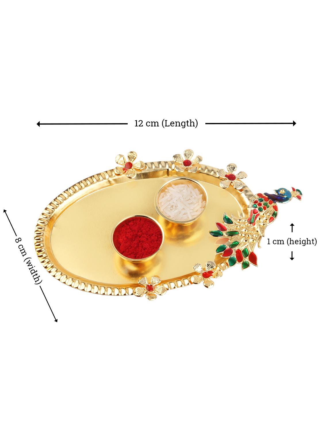 set of 3 gold plated thread rakhi with roli chawal kankawati thali and greeting card  - 17900860 -  Standard Image - 3