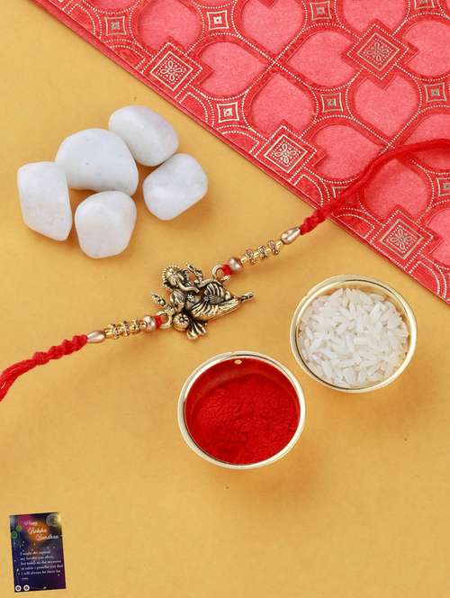 set of 3 gold plated thread rakhi with roli chawal kankawati thali and greeting card - 17900864 - Standard Image - 0