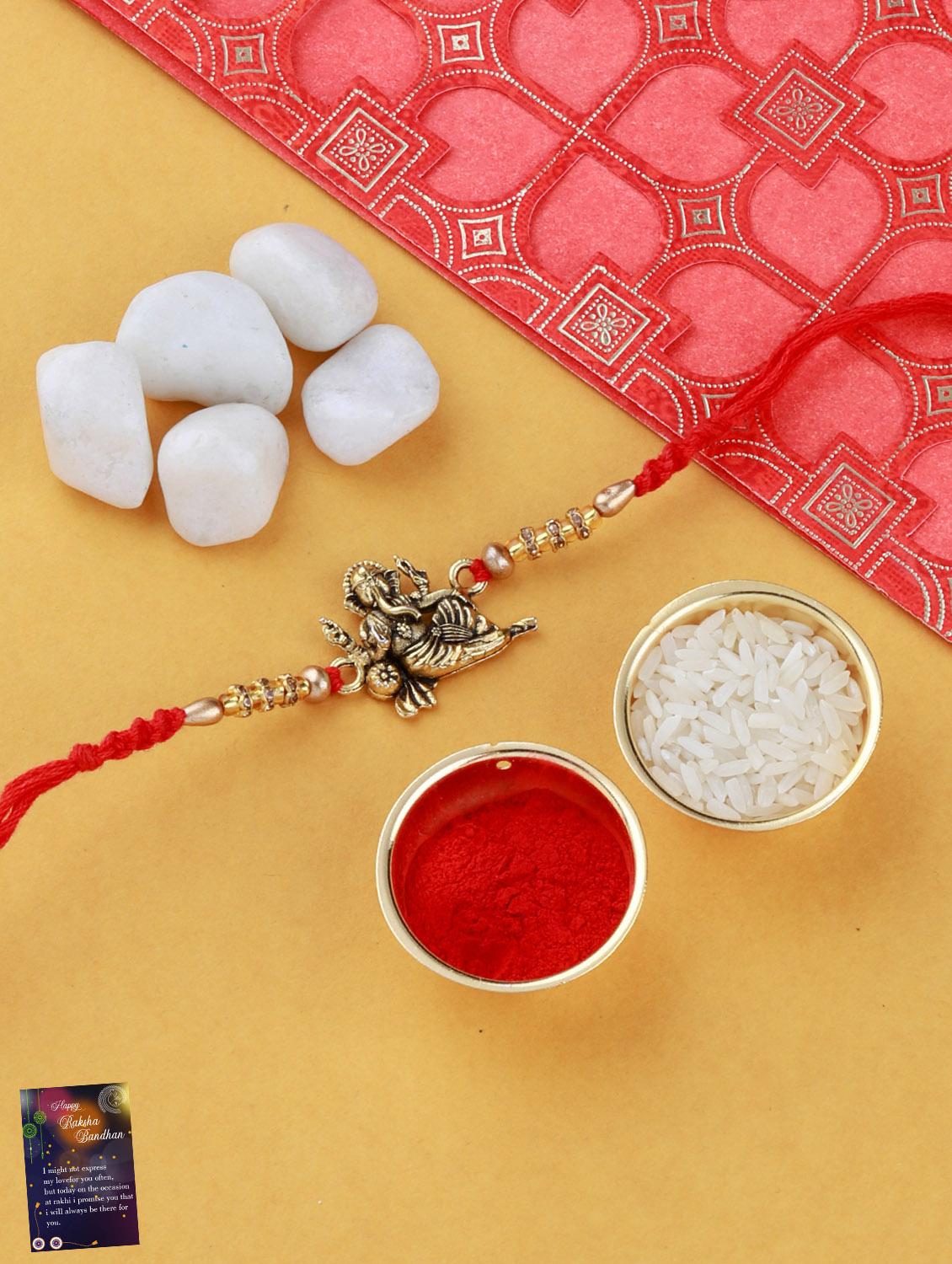 set of 3 gold plated thread rakhi with roli chawal kankawati thali and greeting card - 17900864 - Zoom Image - 0