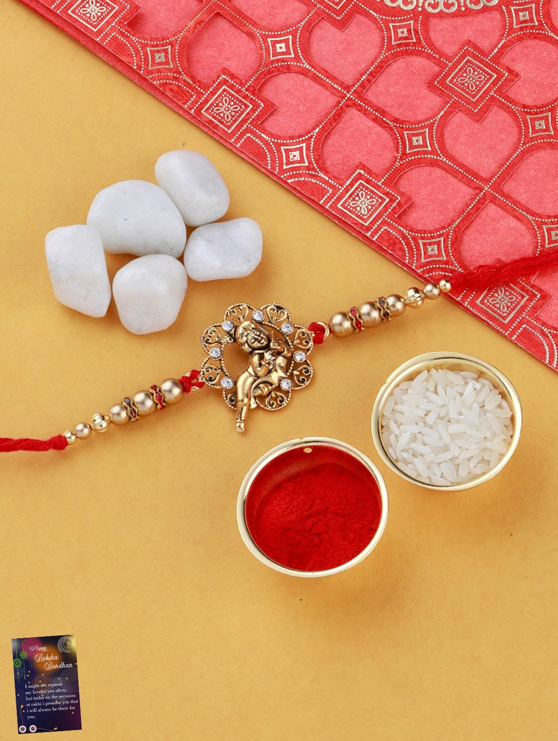 set of 2 gold plated thread rakhi with roli chawal kankawati thali and greeting card - 17900867 - Zoom Image - 0