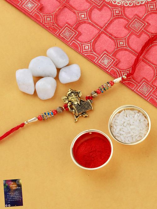 set of 5 gold plated thread rakhi with roli chawal kankawati thali and greeting card  - 17900878 -  Standard Image - 0
