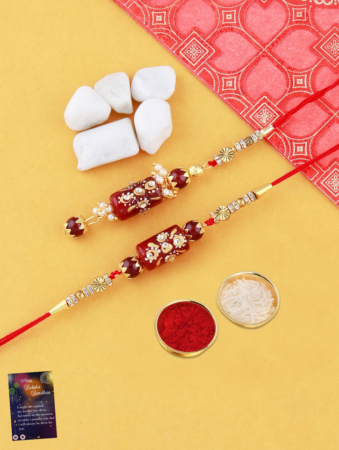 set of 2 thread rakhi with roli chawal and greeting card - 17900891 - Zoom Image - 0