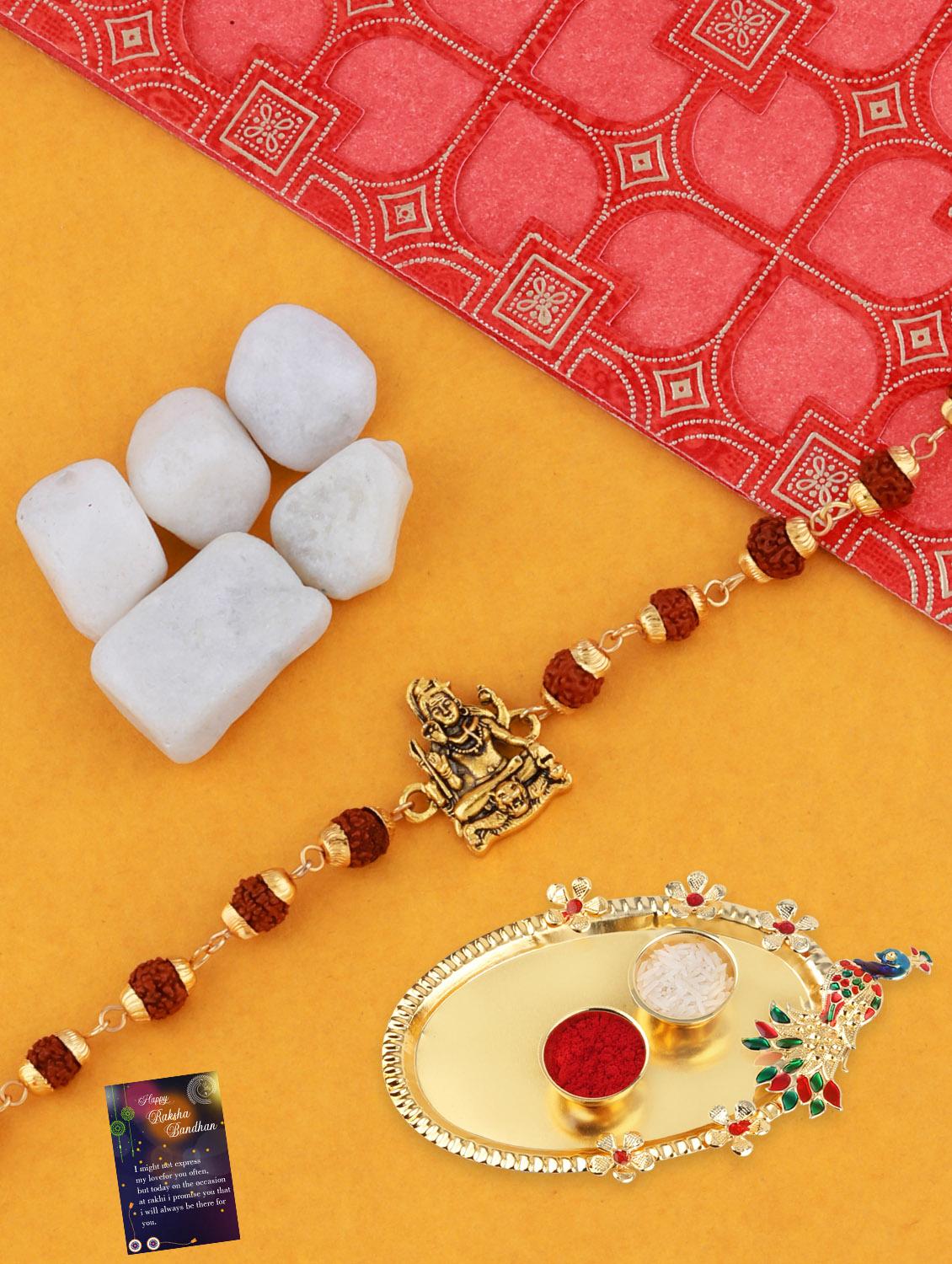 gold plated bracelet rakhi with roli chawal kankawati thali and greeting card  - 17900915 -  Zoom Image - 0