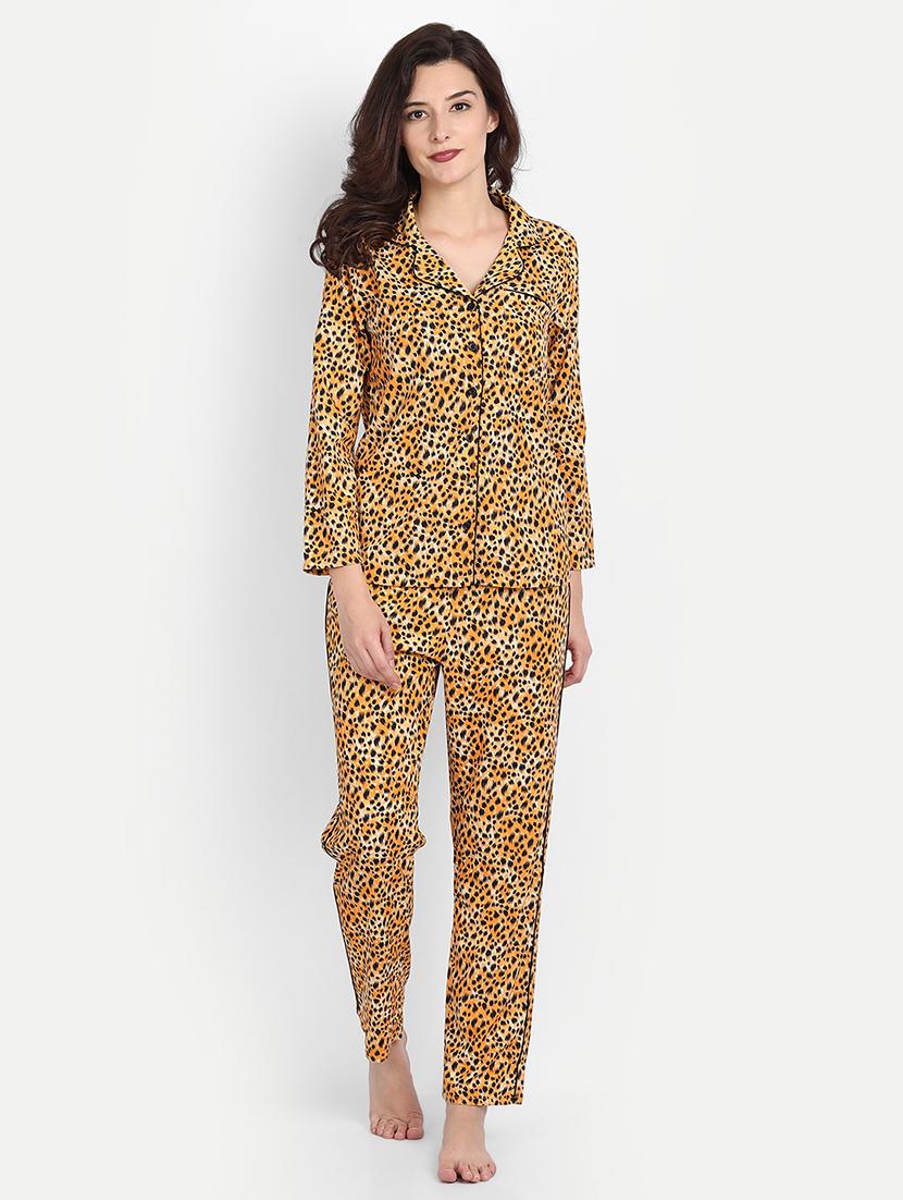 lapel neck animal print nightwear pajama set - 17901051 -  Zoom Image - 0