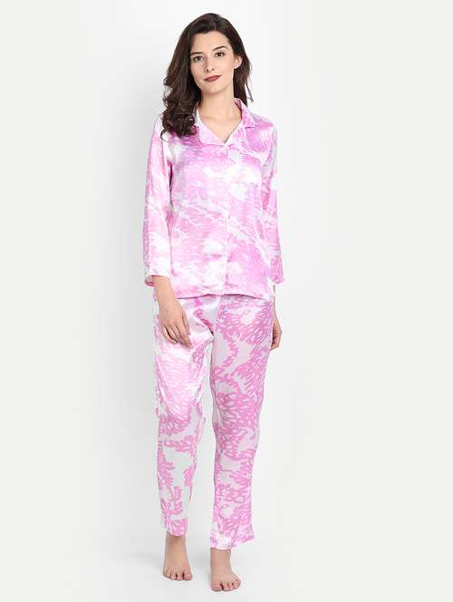 lapel neck printed nightwear pajama set - 17901059 - Standard Image - 0