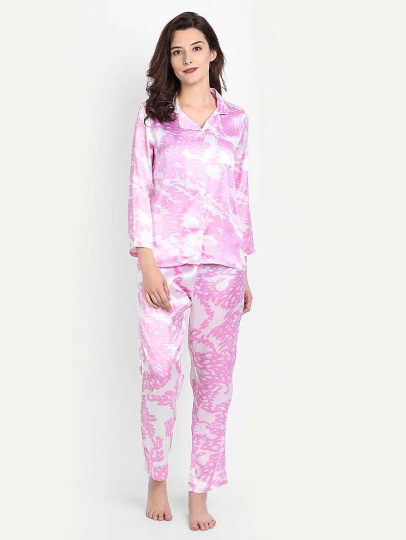 lapel neck printed nightwear pajama set - 17901059 - Zoom Image - 0
