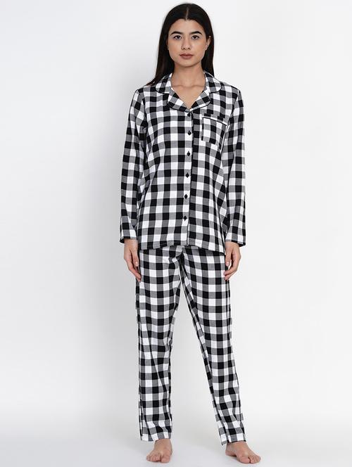 lapel neck checkered nightwear pajama set - 17901060 - Standard Image - 0
