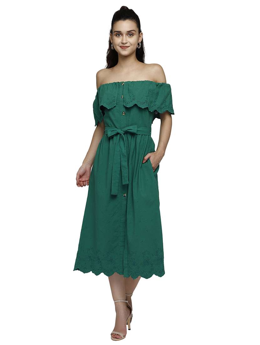 women green solid off shoulder dress