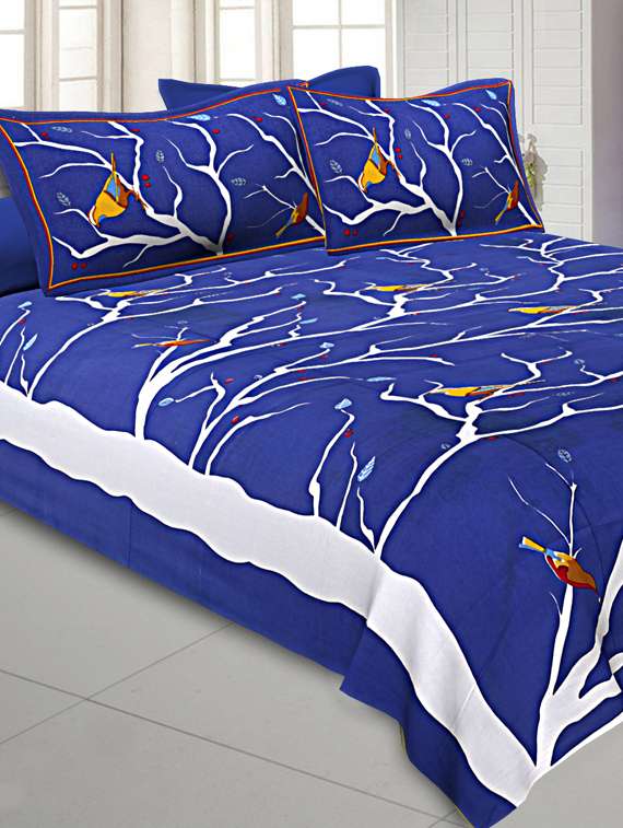 indian sparrow double bedsheet blue color with 2 pillow covers